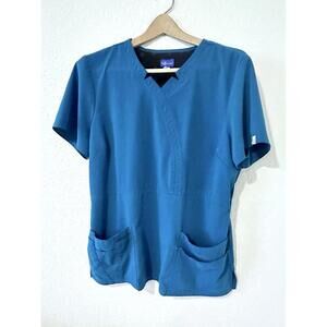 Sapphire Womens Scrubs Top V Neck Short Sleeve Pockets Caribbean Blue Size L